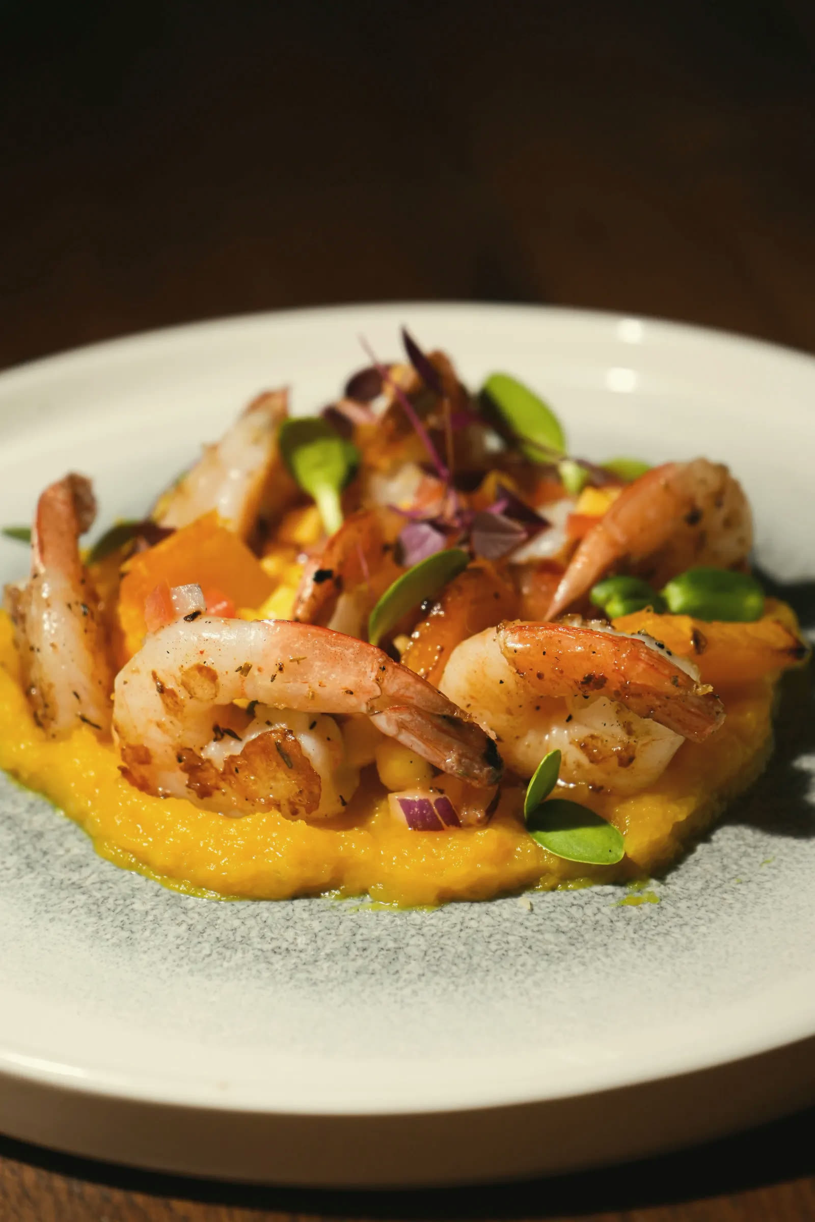 Seared prawns on a bright orange purée, with young shoots